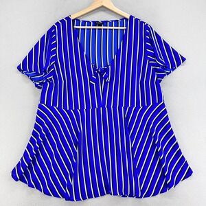 TORRID Babydoll Blouse Womens 2X Blue Striped Flowy Career‎ Flutter Sleeve
